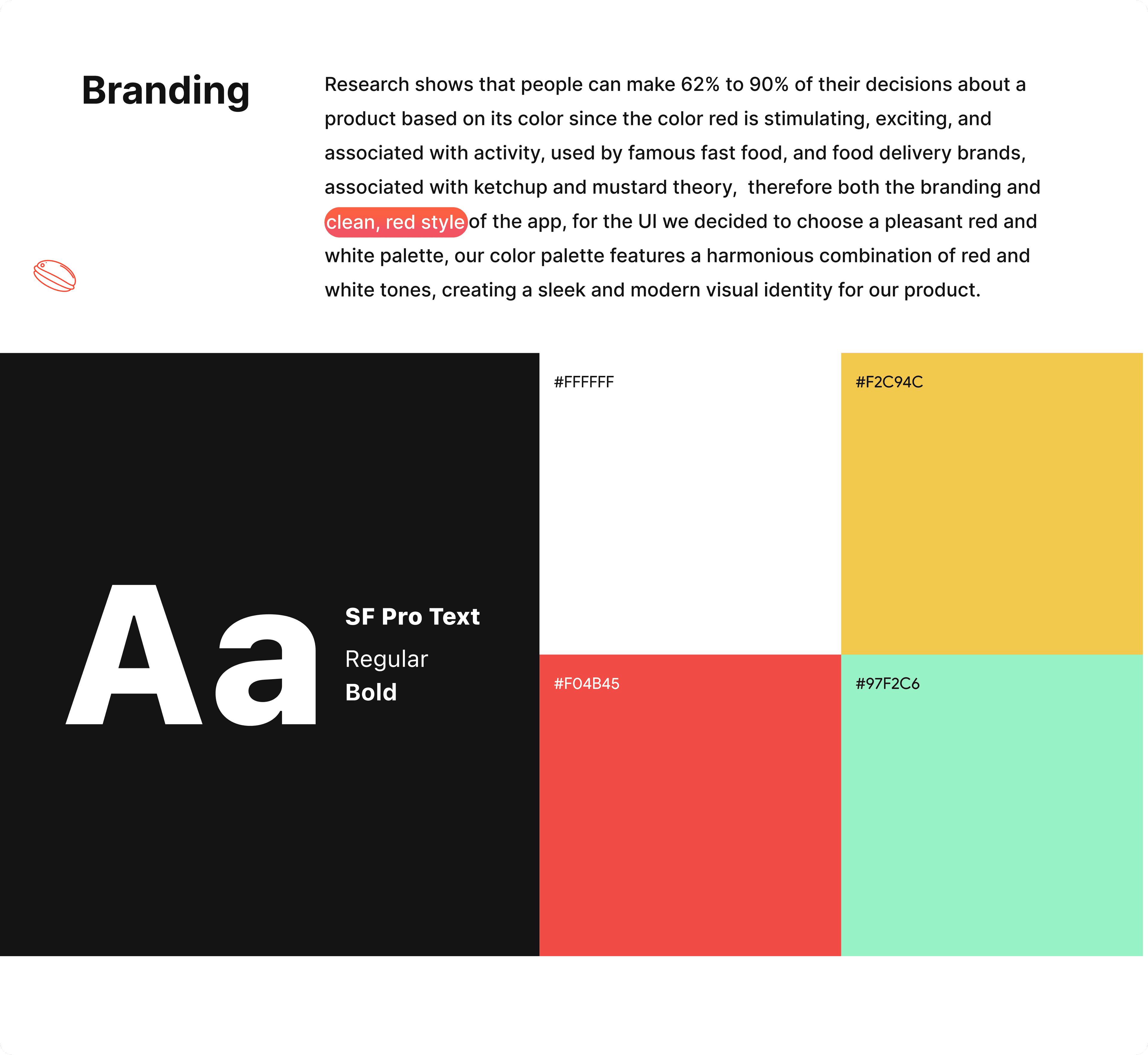 Branding section showing typography, color palette, and design principles