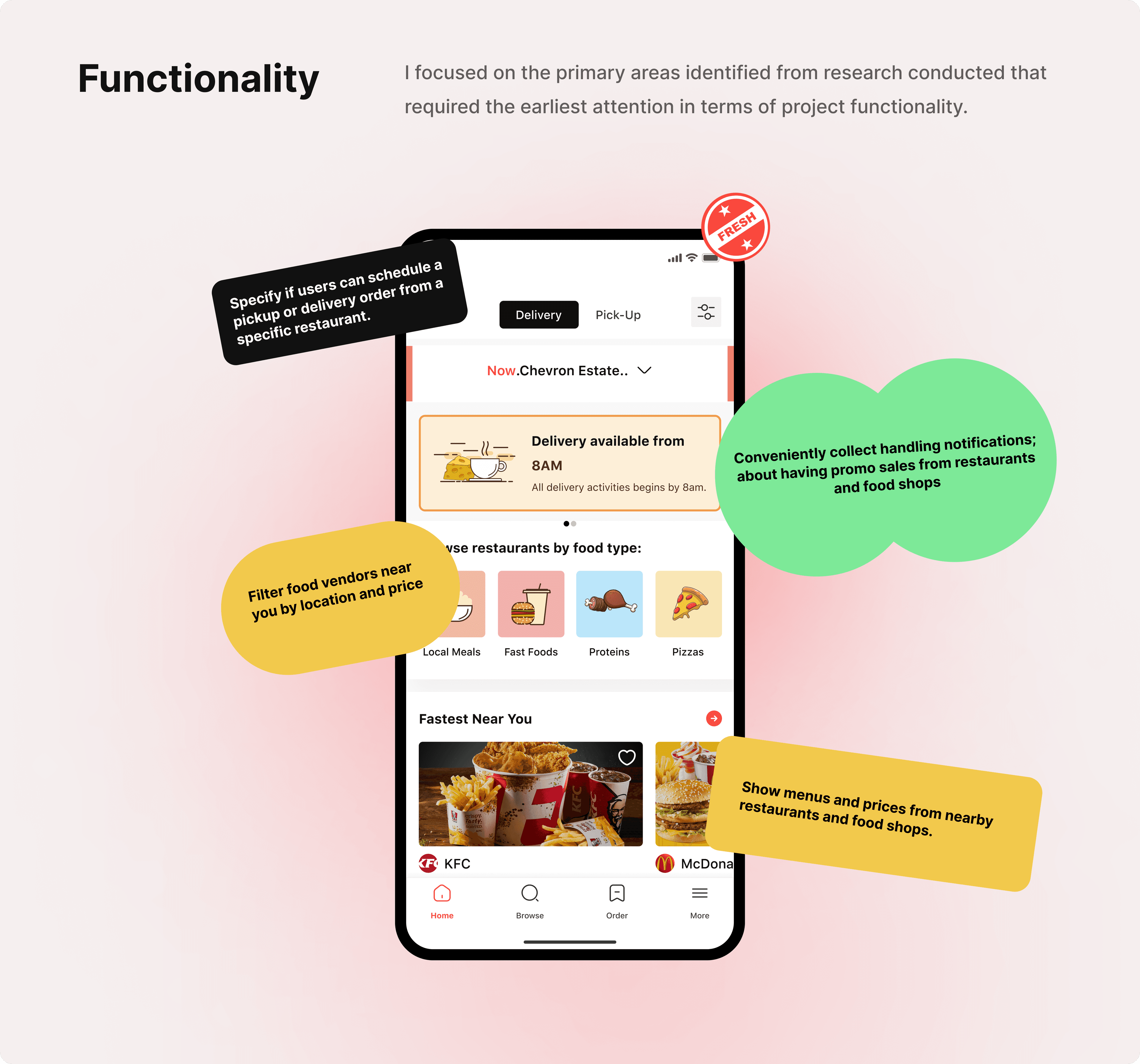 Branding section showing typography, color palette, and design principles
