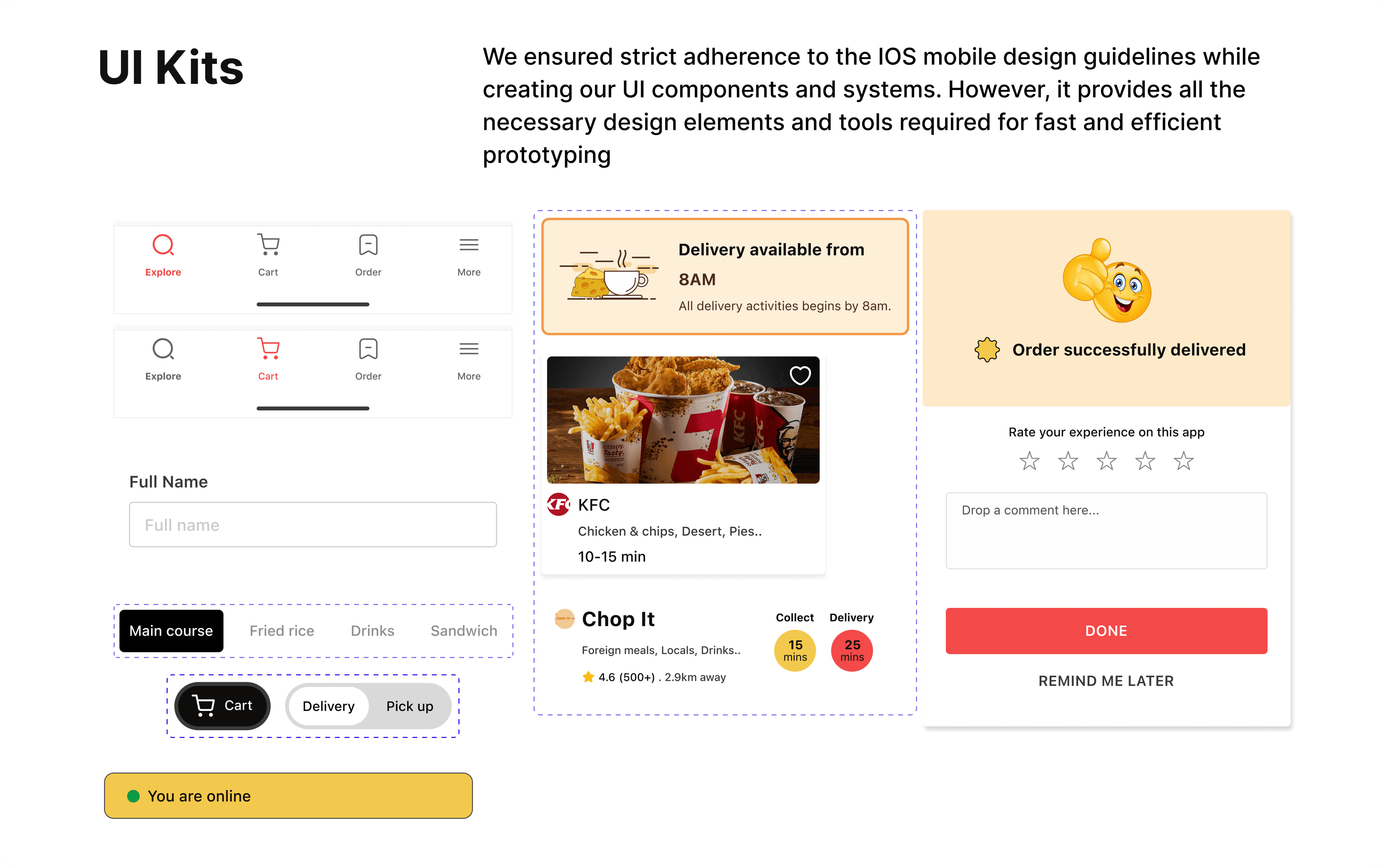 Branding section showing typography, color palette, and design principles