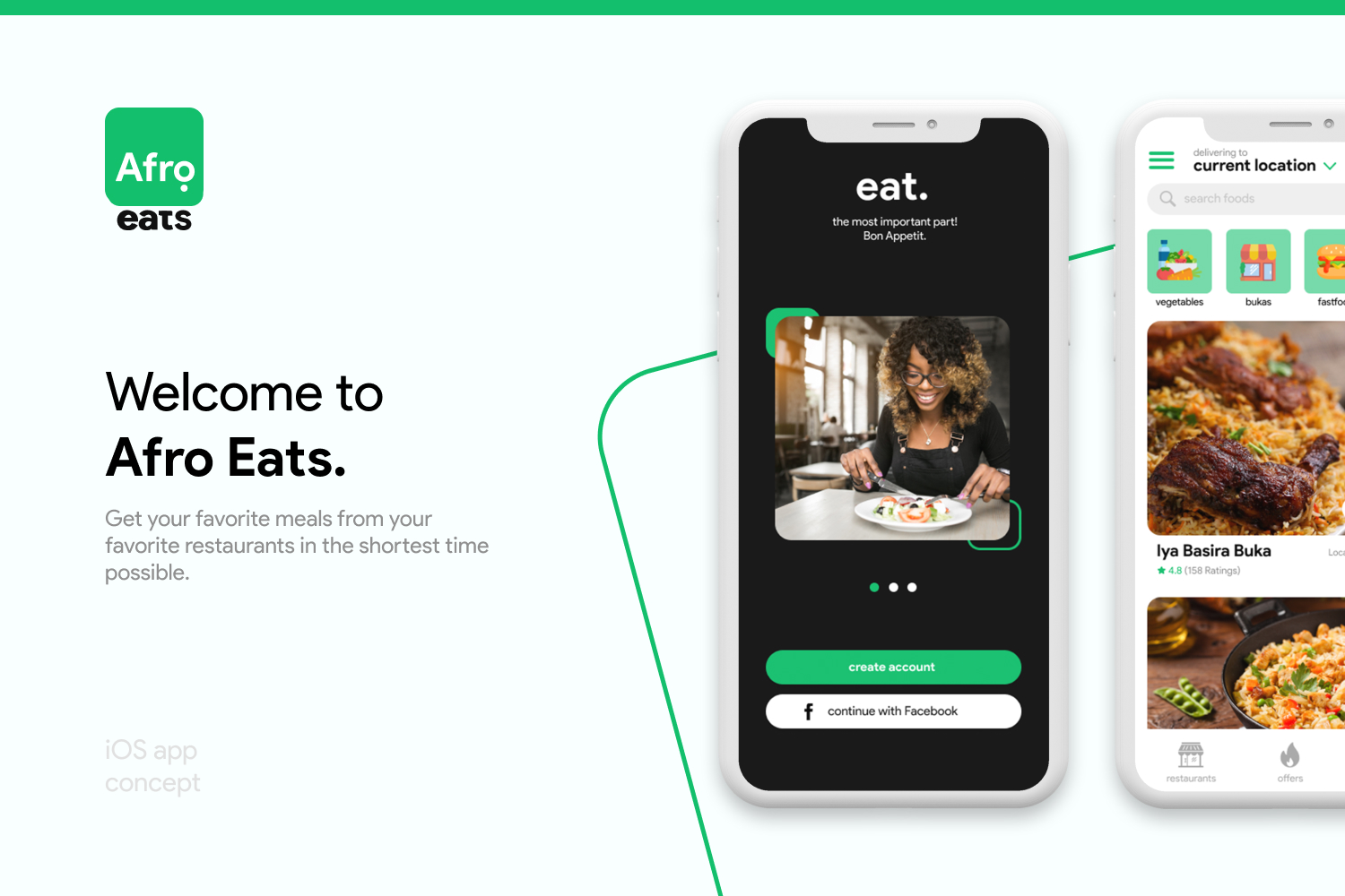 Afro Eats intro: welcome screen and home feed