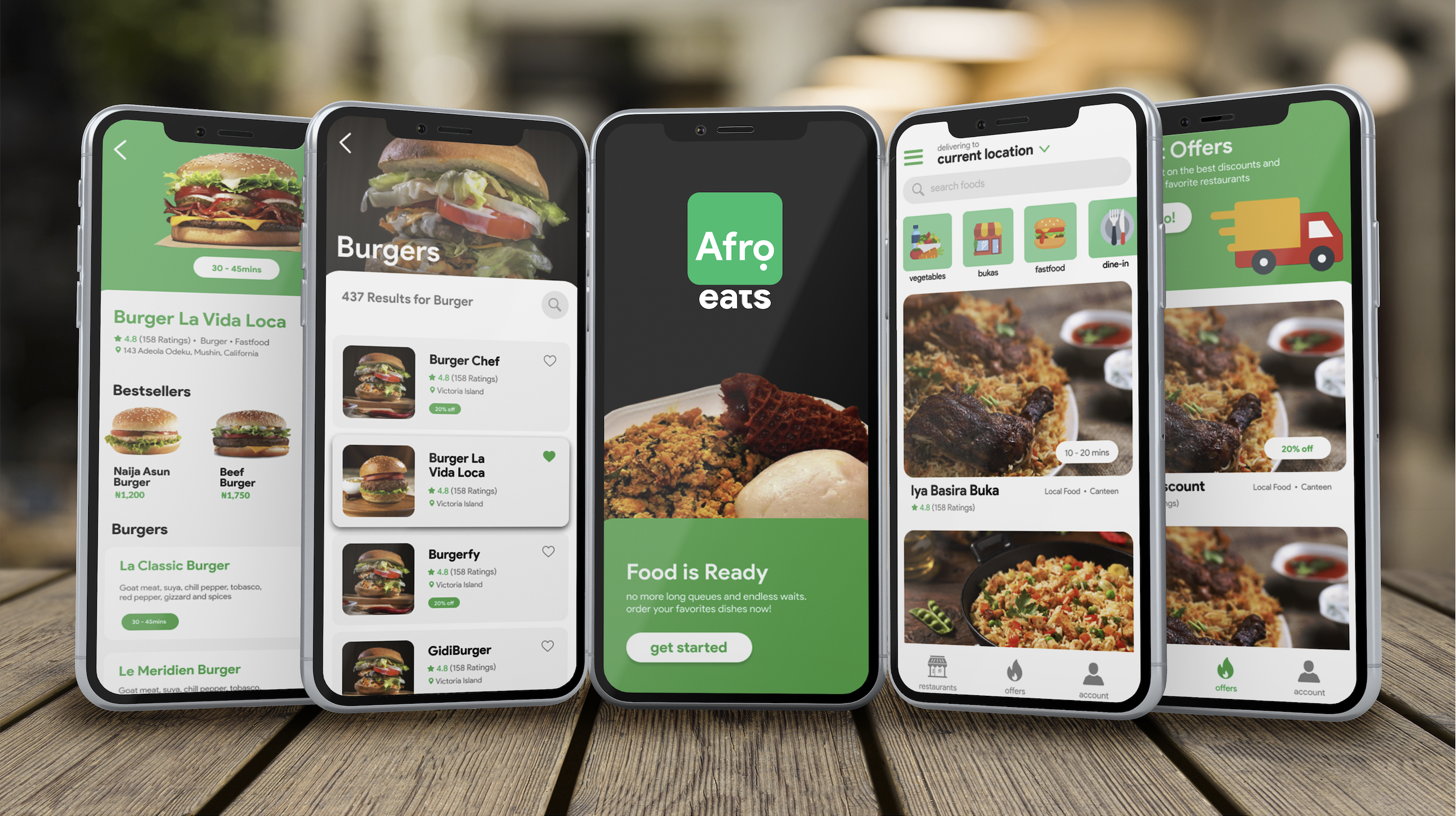 Afro Eats app shown across a set of iPhone mockups