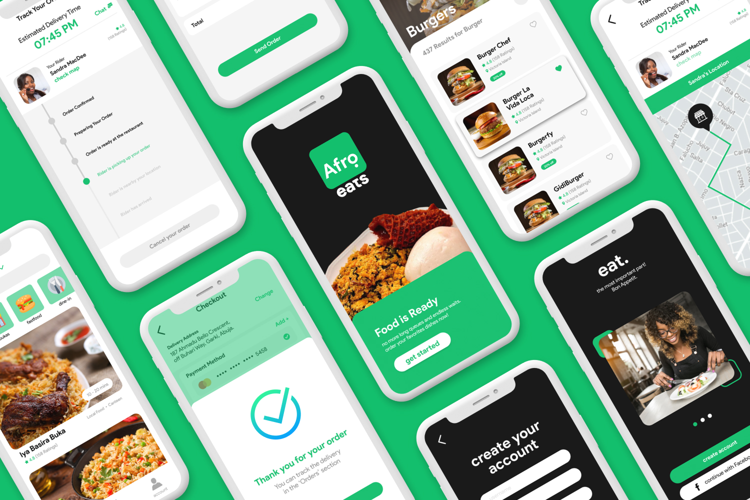 Overview grid of Afro Eats app screens
