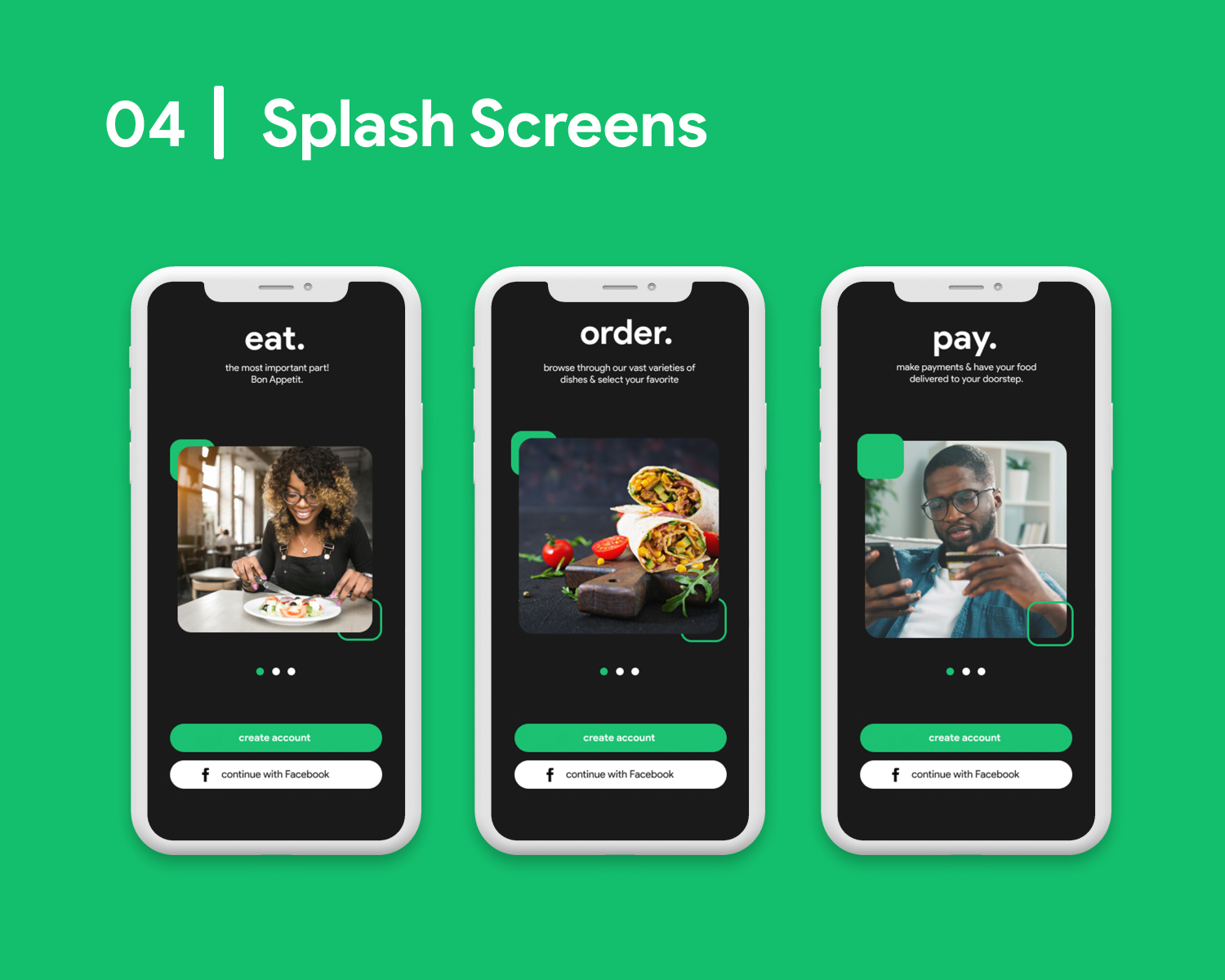 Afro Eats splash screens: eat, order, pay