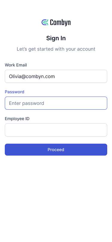 Combyn mobile sign in screen