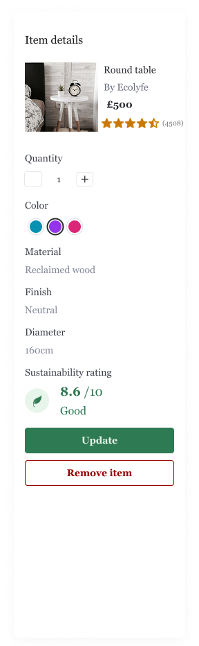 Item details panel: round table, materials, and sustainability rating