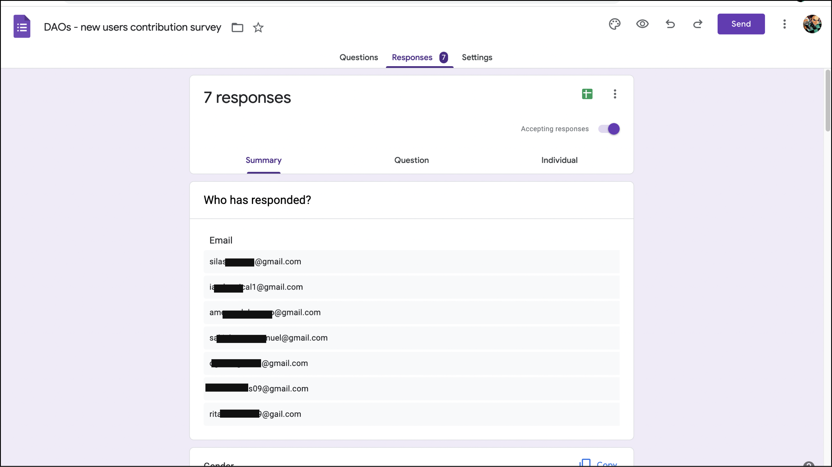 Survey responses conducted using Google form